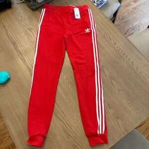 Adidas Kids Red Joggers with White Stripes